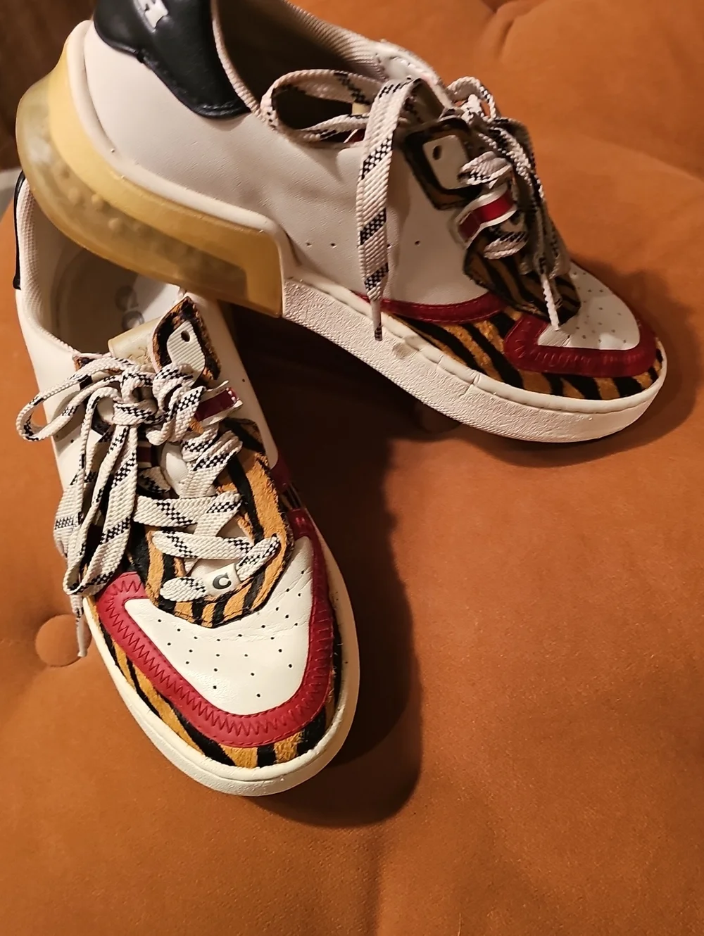 Coach White Sneakers with Red & Tiger-Print Accents